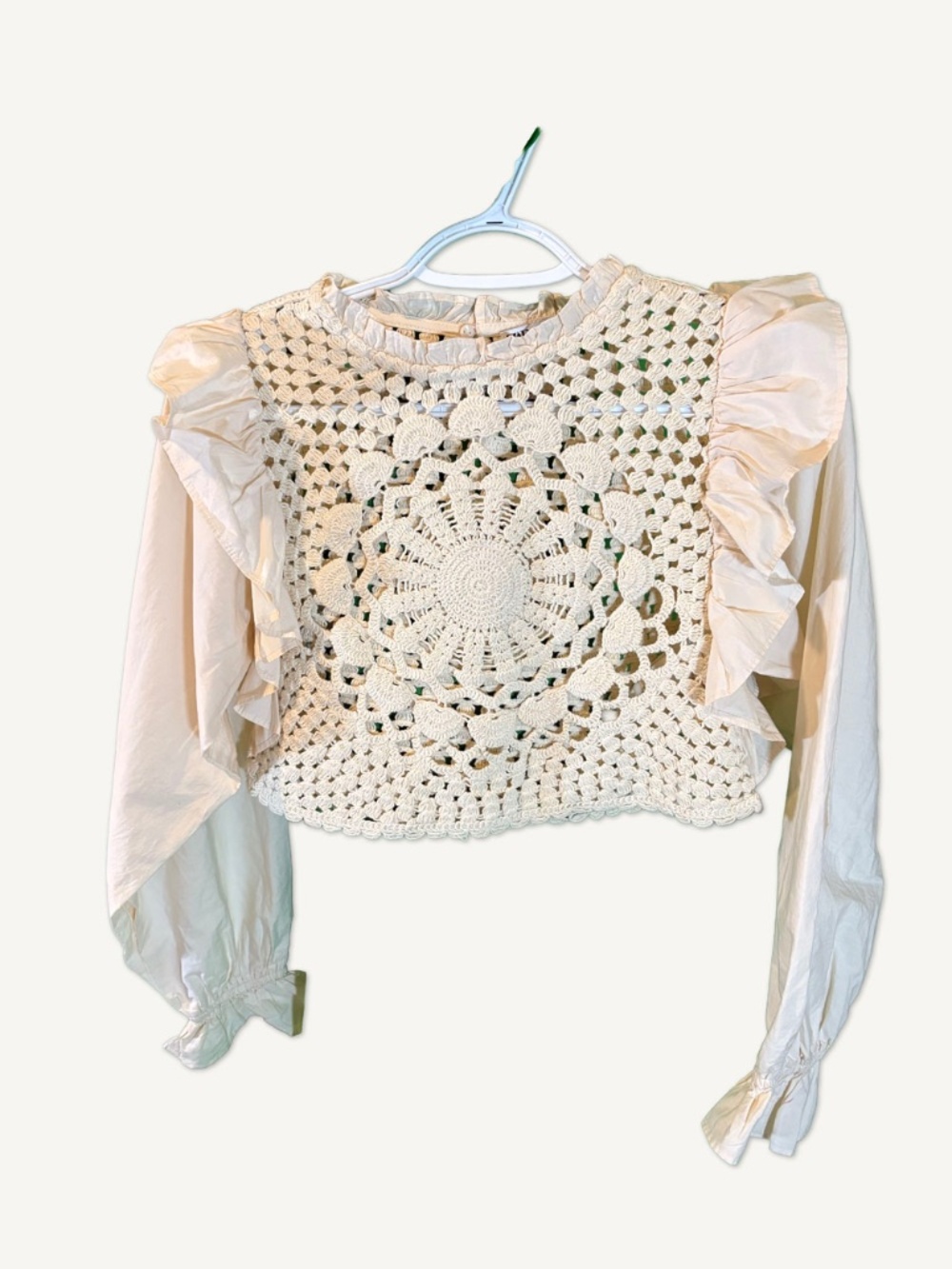 Zara Crochet Top White Boho Ruffle Long Sleeve XS